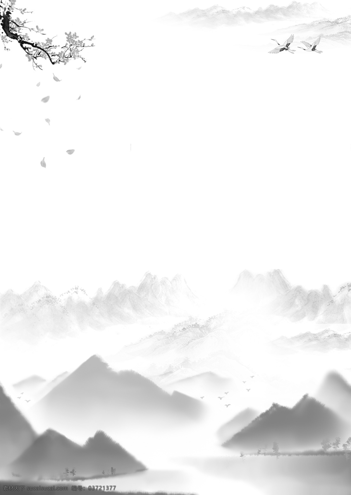中国 风格 传统 山水 黑白 墨水 背景 枝 简练 白鹤 花花 山峰 墨画
