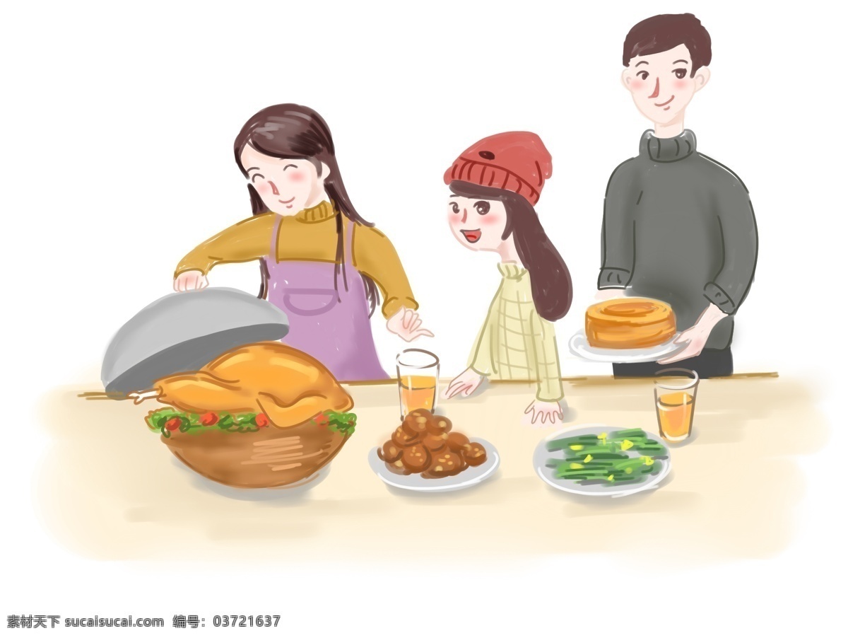 感恩节 吃 火鸡 手绘 插画 父母 团圆 吃火鸡 丸子 蛋糕 饮料 餐桌 节日 感恩 感谢 长辈