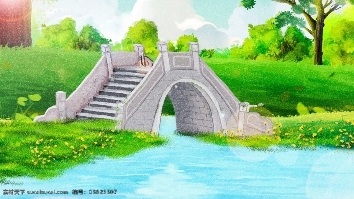 卡通 手绘 绿色 风景 插画 背景 背景素材 植物背景 花卉背景 通用背景 卡通背景 河边风景背景 小桥