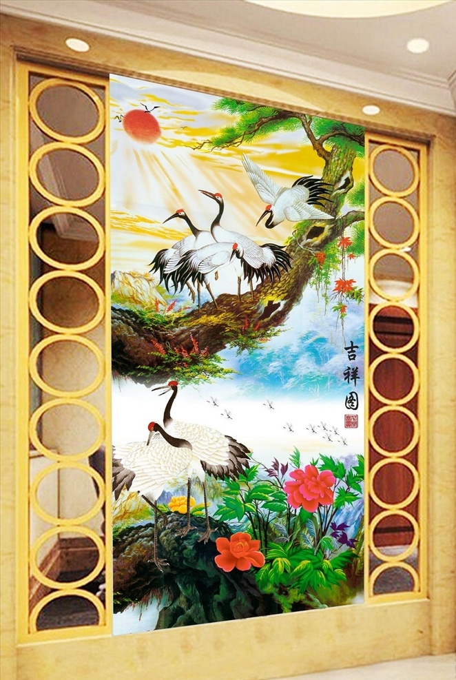 吉祥 图 松树 仙鹤 中式 古典 玄关 中式玄关 古典玄关 3d玄关 立体玄关 玉雕玄关 时尚玄关 过道玄关 背景墙 中式屏风 隔断墙 装饰画 玄关画 移门图 墙画 壁画 文化艺术 绘画书法