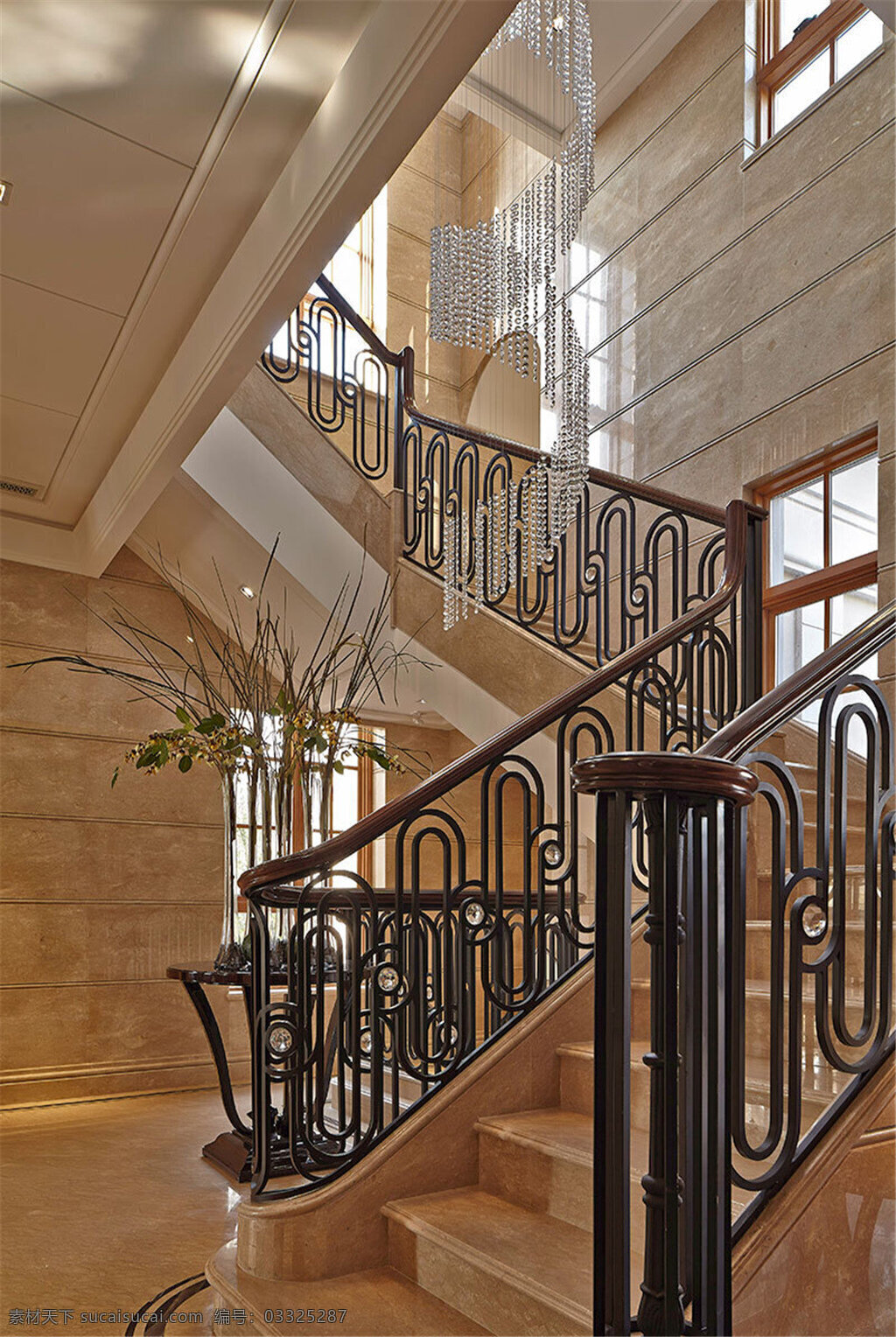 别墅 室内 楼梯 装修 效果图 铁艺栏杆 大理石台阶 清新园艺 大空间 暖色调