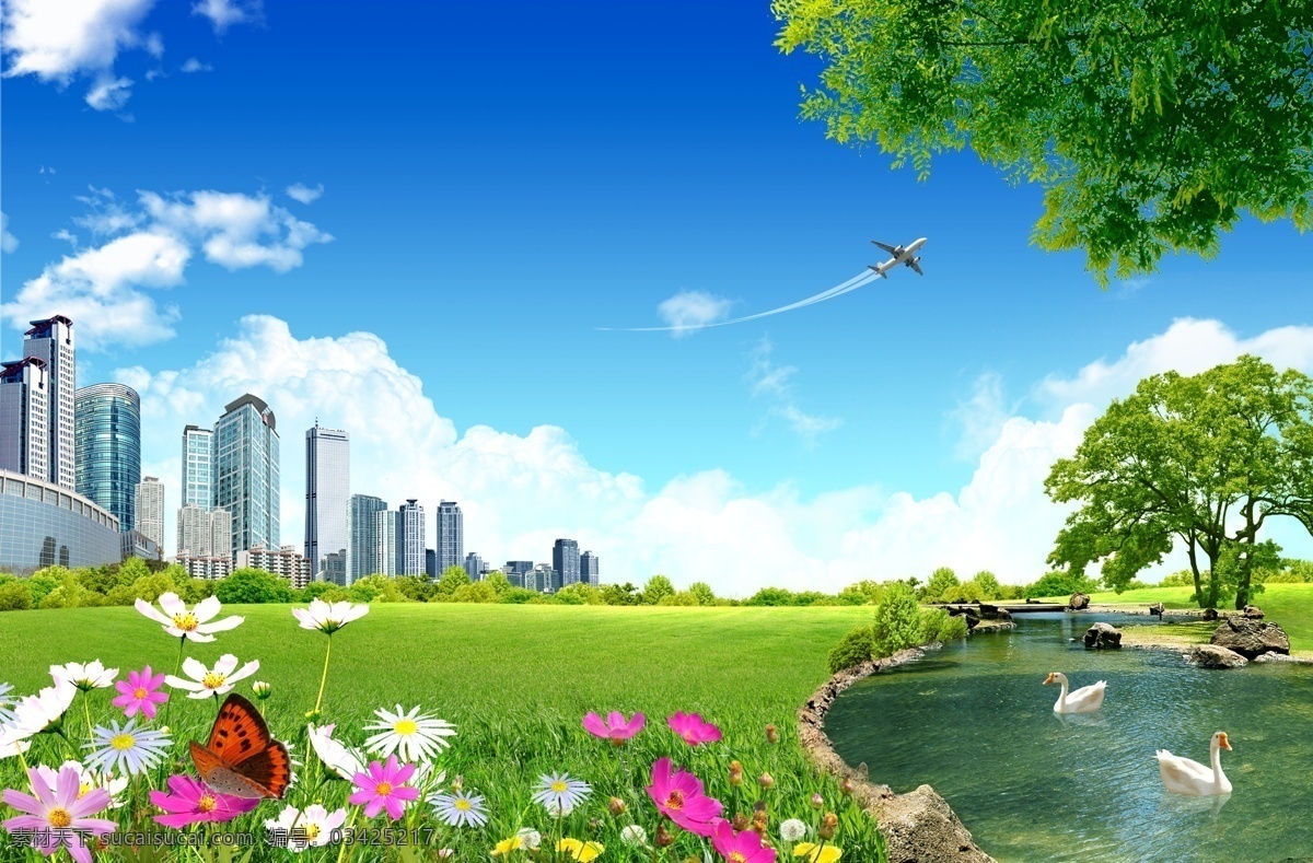 韩国 创意 地产 广告 花朵 楼房 绿地 绿树 psd源文件