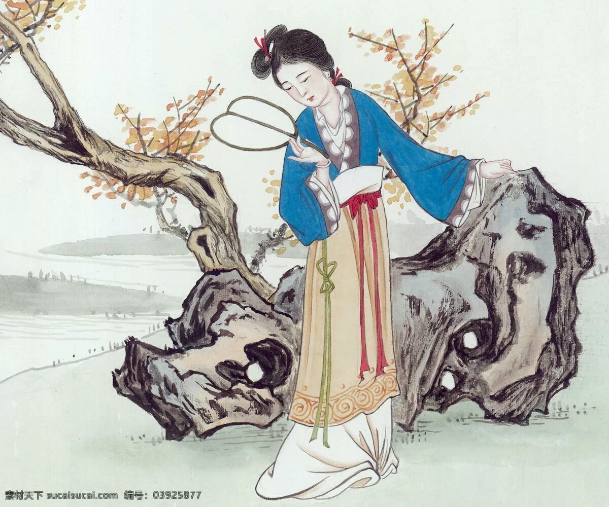 执 扇 仕女图 白描人物 背景图片 仕女 中国画 装帧设计 文化艺术