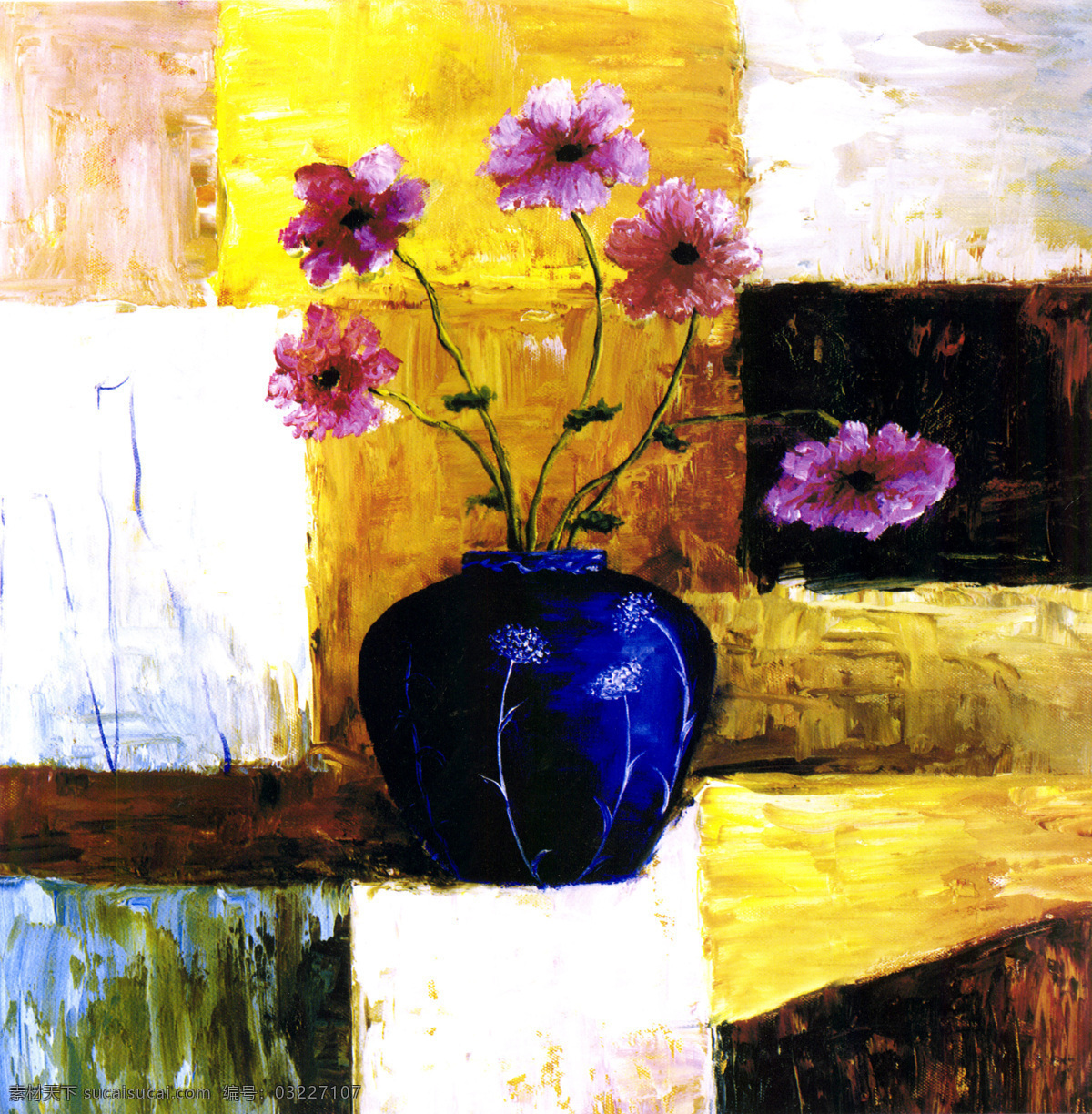 蓝色 花瓶 里 粉色 花朵 蓝色花瓶 粉色花朵 植物 花卉 中国画 油画 绘画艺术 书画文字 文化艺术