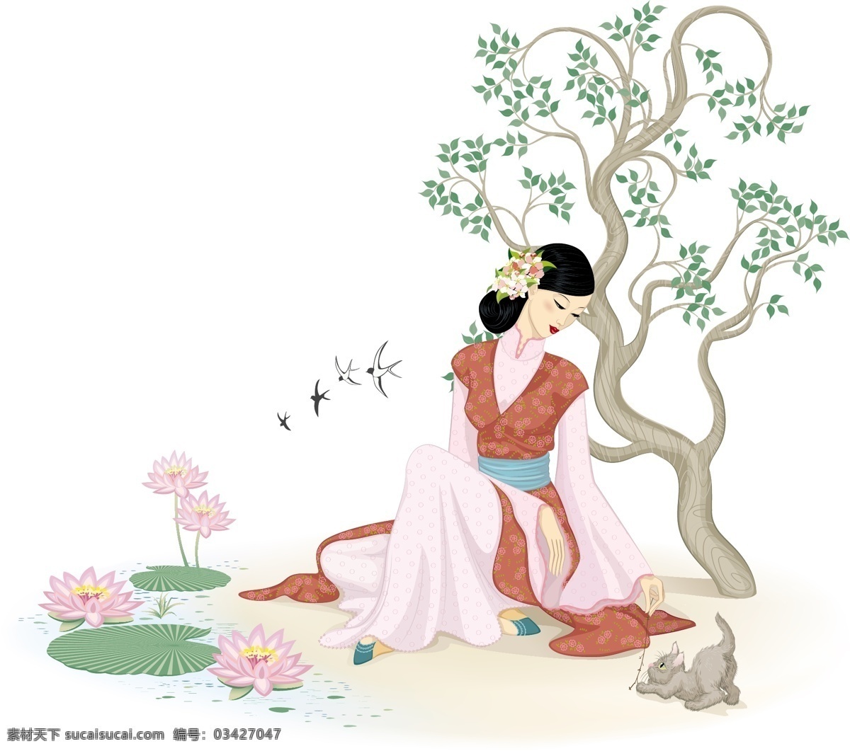 古典女人 小燕子 小猫 树木 矢量树木 卡通树木 手绘树木 树木插画 荷花 矢量荷花 卡通荷花 手绘荷花 荷花插画 古典美女 古代美女 古代服饰女人 女人 矢量女人 卡通女人 手绘女人 时髦女人 人物卡通 人物图库 女性妇女