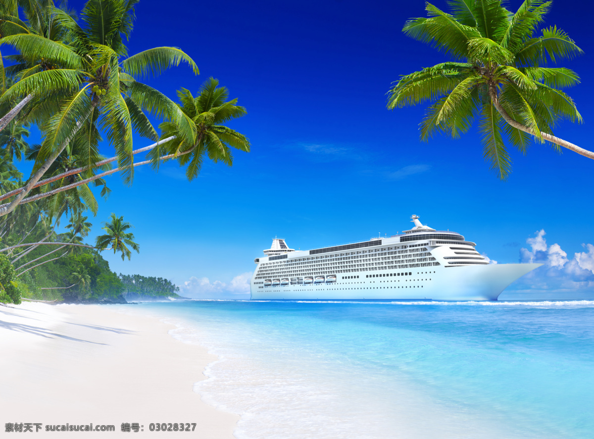 蓝天 下 海边 美景 白云 沙滩 大海 海浪 浪花 椰子树 树 船 客船 快艇 绿色植物 大海图片 风景图片