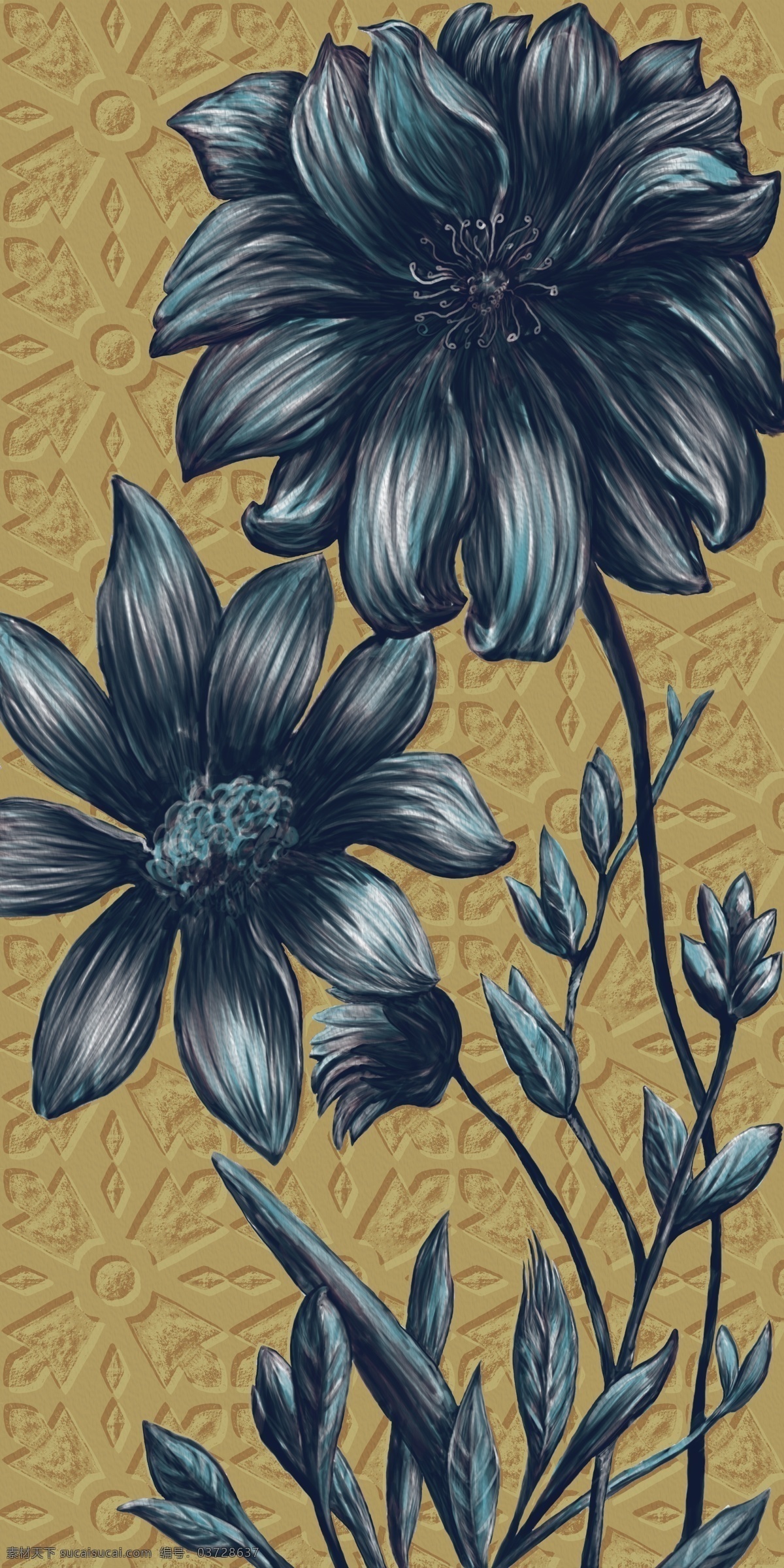 两朵蓝色的花 可做背景 纯手工画出来 蓝色的花 黑色