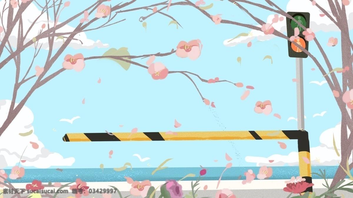 路灯 两边 花树 卡通 背景 红绿灯 道路 风景 粉色