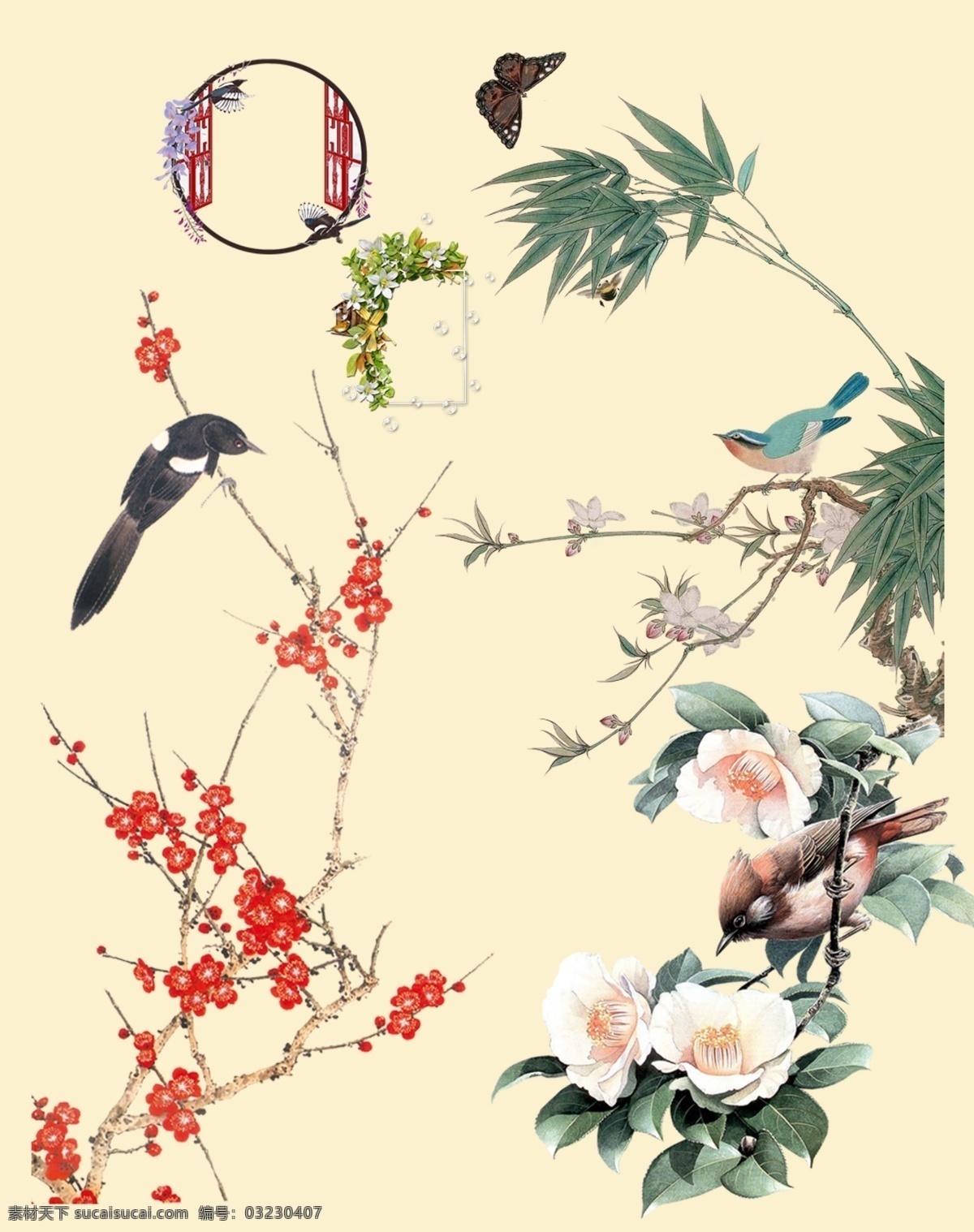 花鸟 花 鸟 水墨花 水墨鸟 透明花 花素材 鸟素材 踏青 分层