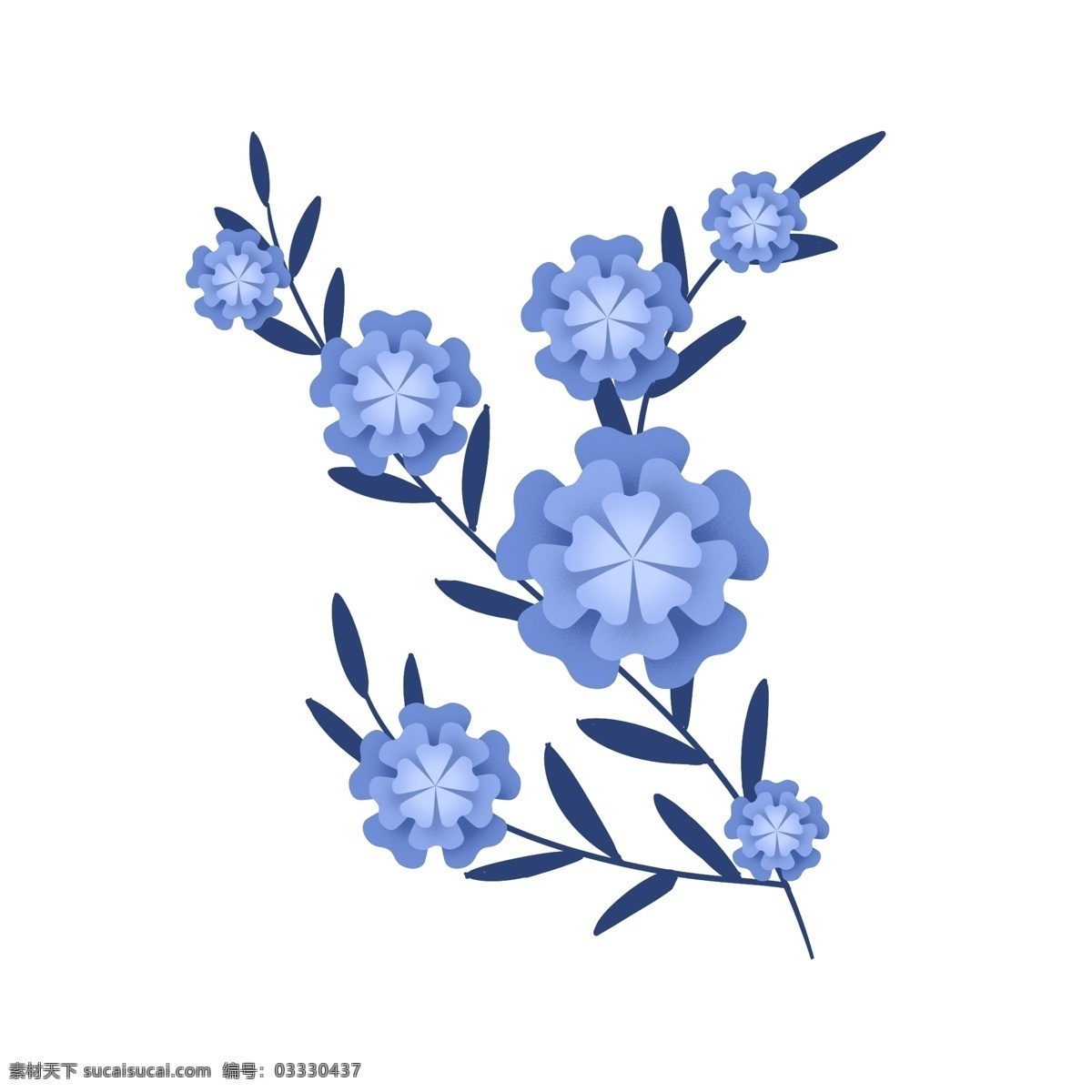 蓝色 渐变 装饰 花朵 元素 花纹 树叶 植物 手绘元素
