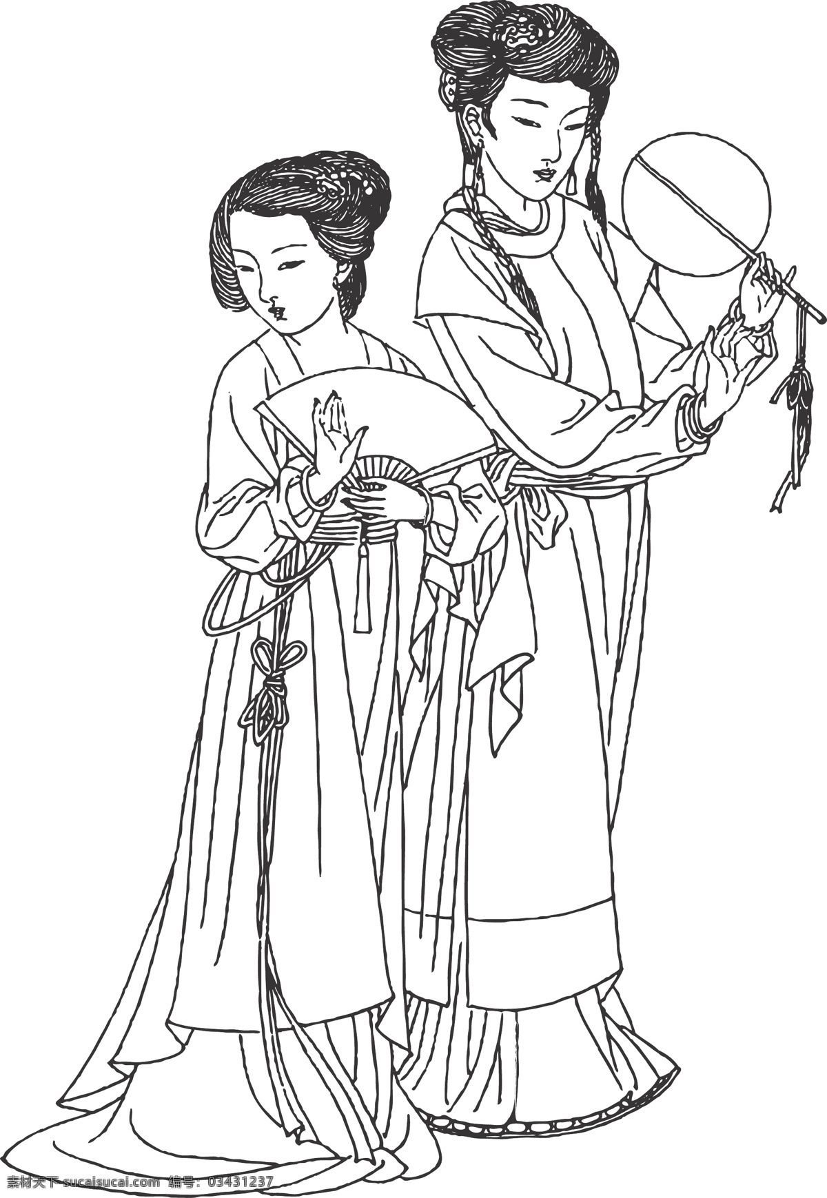 人物 女子 仙女 优雅 线条 适量 装饰 插画 白描 扇子 仕女白描图 人物图库 女性妇女