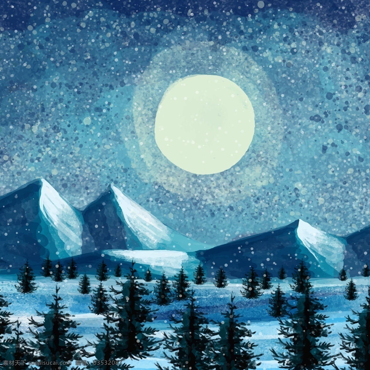 冬天 山林 里 风景 插画 山峰 雪景 月亮