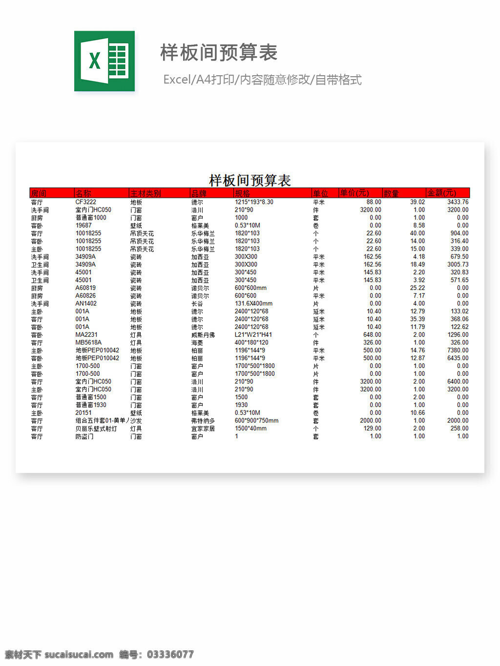 xx 楼盘 样板 间 预算表 表格 表格模板 表格设计 图表 财务 会计 预算