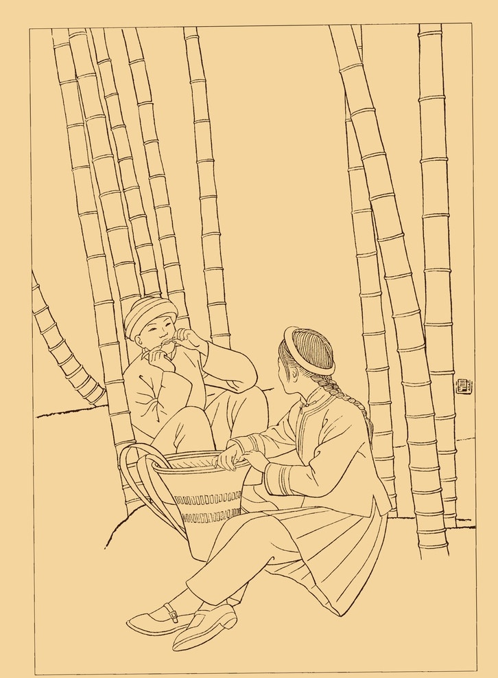 吹竹叶 哈尼族 姑娘 少女 青年 少数民族 白描 国画 中国画 勾勒 线描 56个民族 爱情 男女 人物 分层 源文件