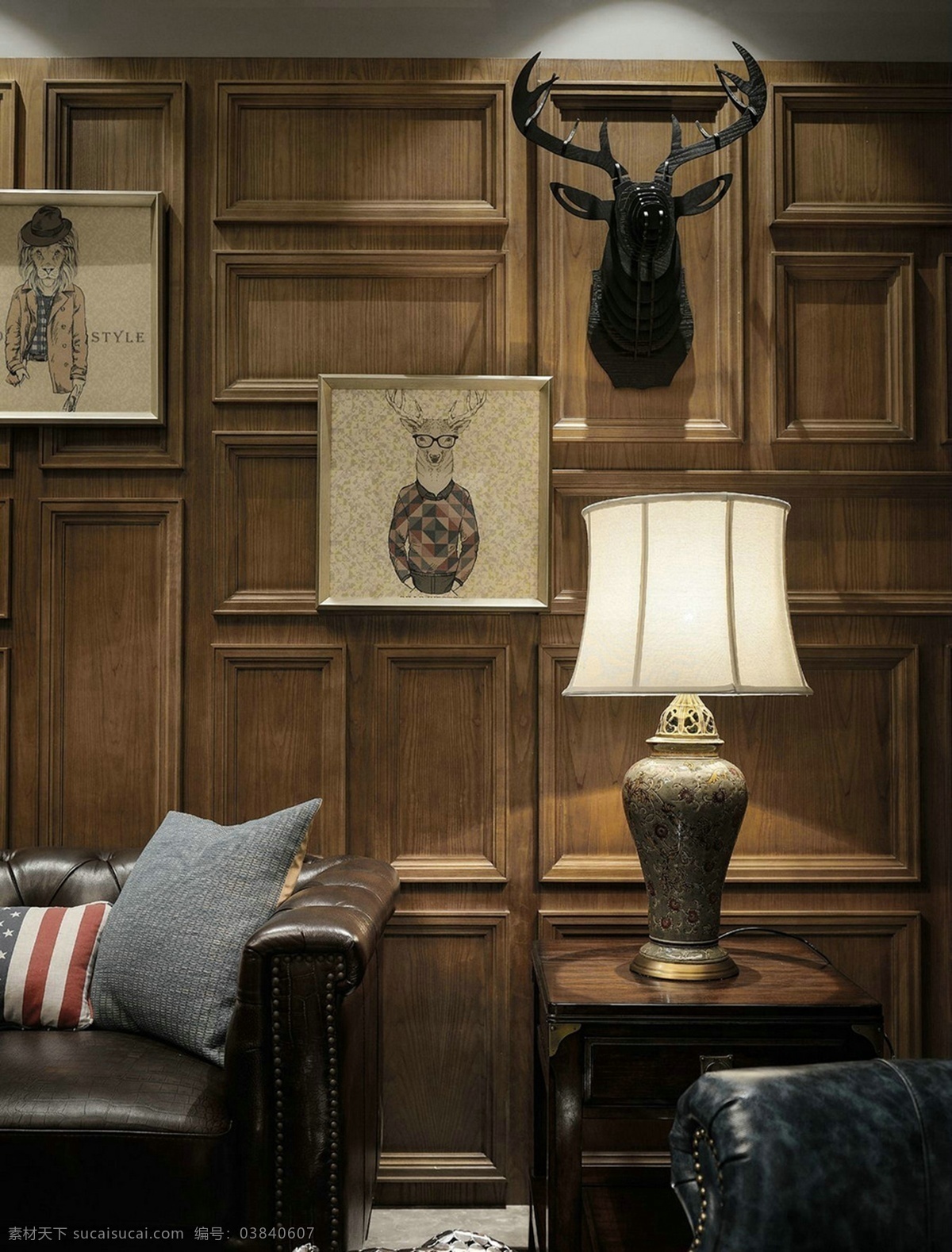 复古 风格 室内设计 家装 效果图 复古风格 家装效果图 台灯 牛角 木质 相册画 抱枕 黑色沙发