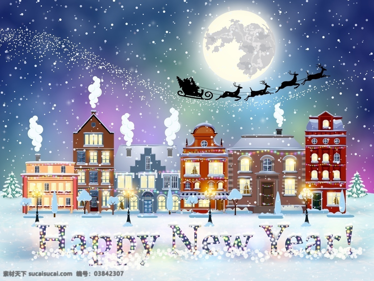 圣诞 老人 鹿 雪人 下雪 房子 场景 新年 动漫动画 风景漫画