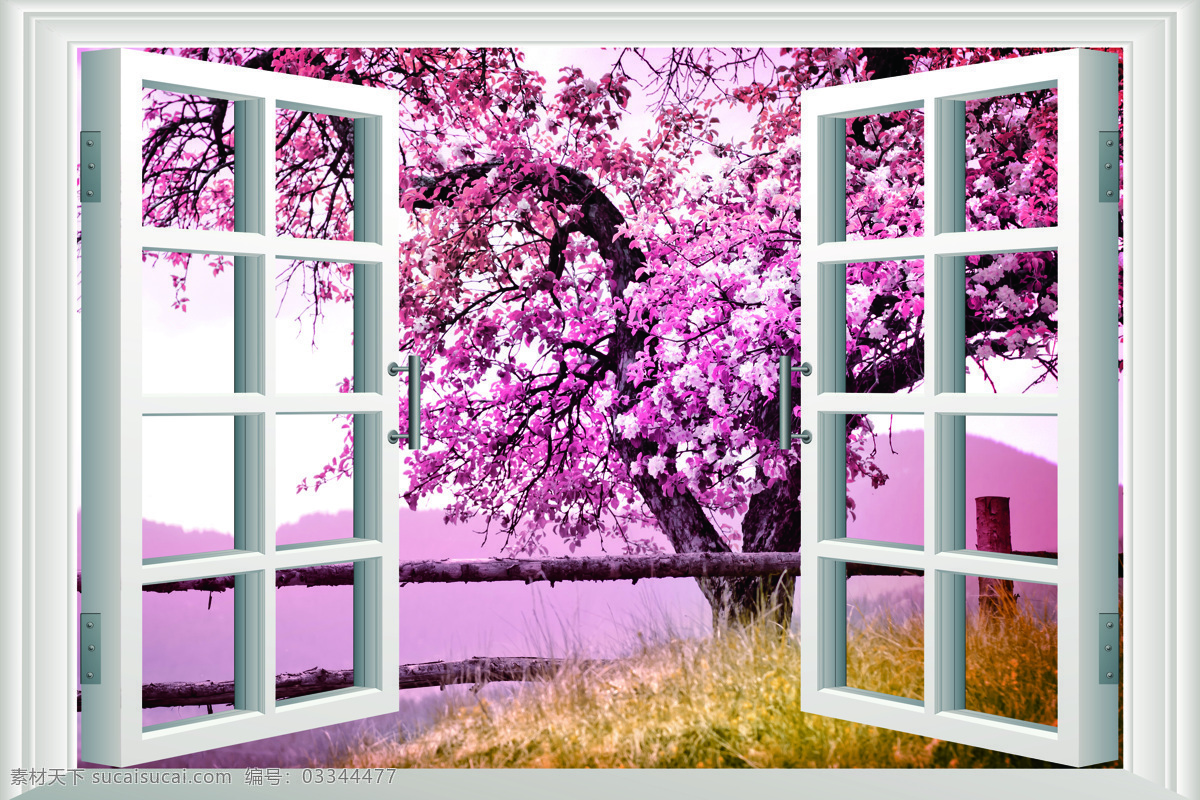 窗户外的樱花 白 窗户 树 栏杆 山 粉 窗户素材 环境设计 无框画