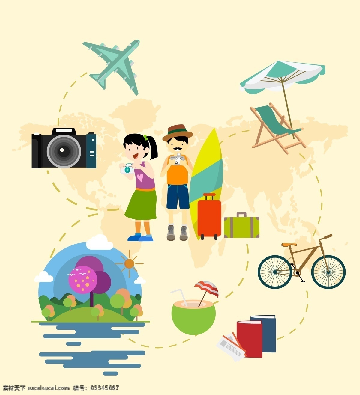 旅游度假 插画 插画素材 飞机 行李 自行车 相机 人家 度假 地图 旅游海报
