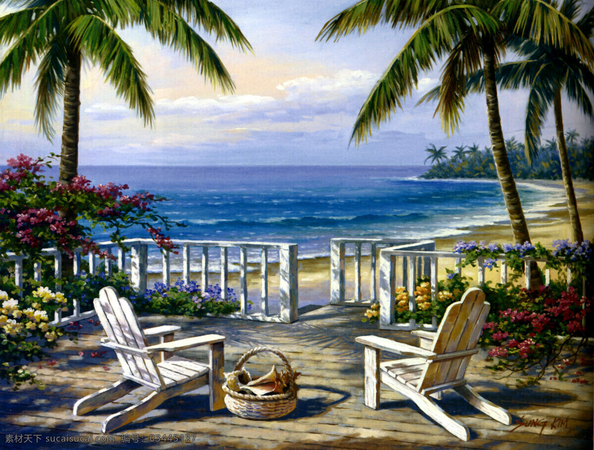 大海风光 外国油画 国外油画风景 山水油画 写真油画 大海沙滩 沙滩椅 椰子树 花园栏杆 外国风景 绘画书法 文化艺术