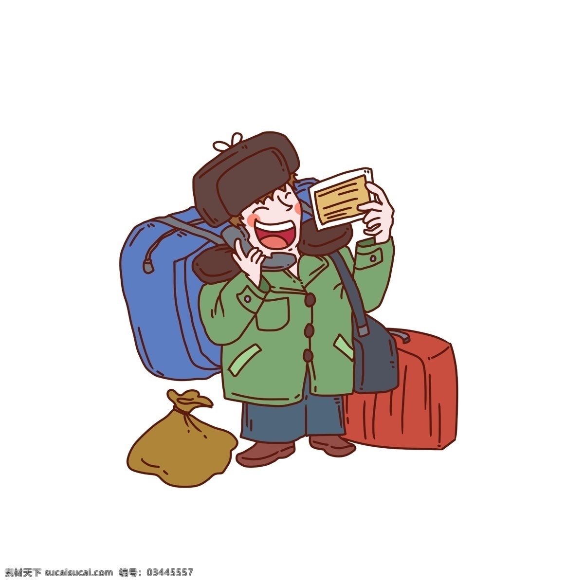 手绘 背着 行李 人物 插画 打电话人物 插图 冬天 蓝色行李箱 火车头帽子 红色行李箱