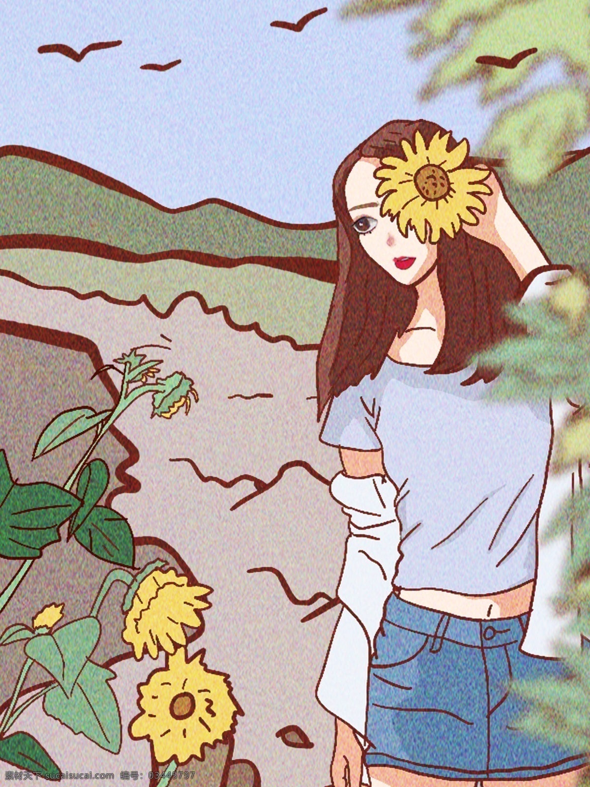 单身 情人节 之一 个人 看 花海 治愈 插画 叶子 小清新 唯美 美女 单身狗 单身情人 看花 菊花 向日葵 菊 文艺 文艺青年 玩花 户外 壁纸