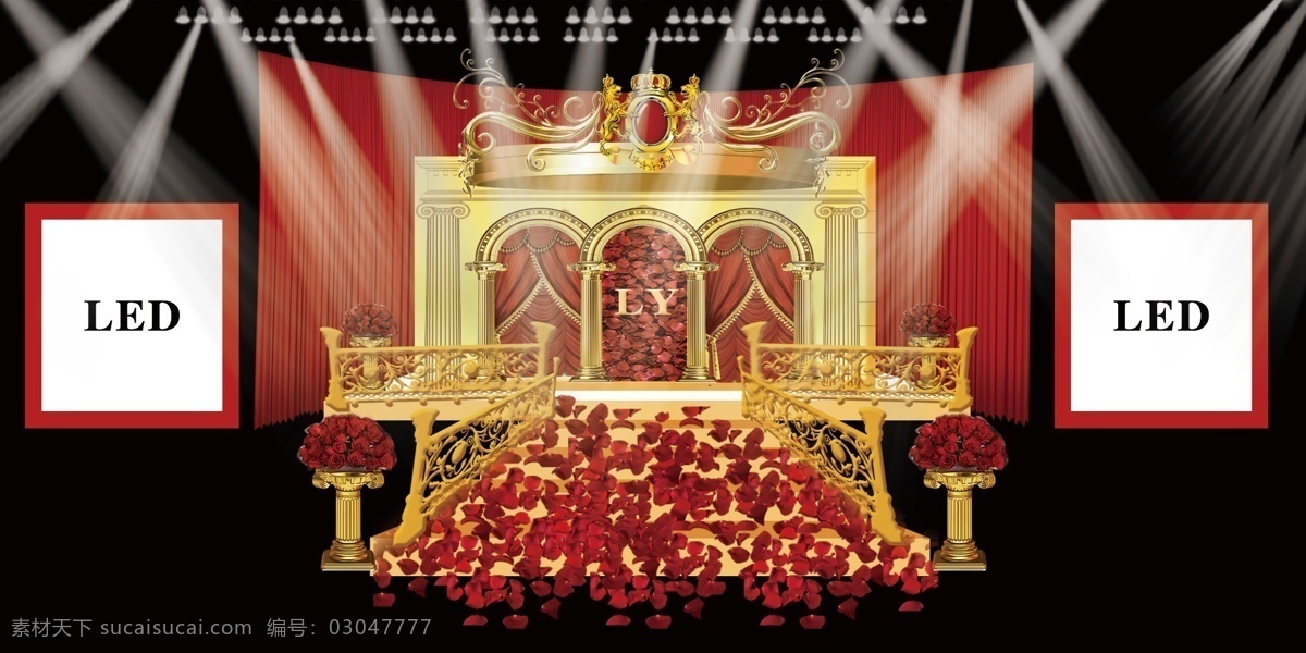 巴洛克 婚礼 主 舞台 红 金色 效果图 泡 雕 立柱 红色 玫瑰花 欧式建筑扶手 欧式拱门背景 沙曼 流苏 黑色