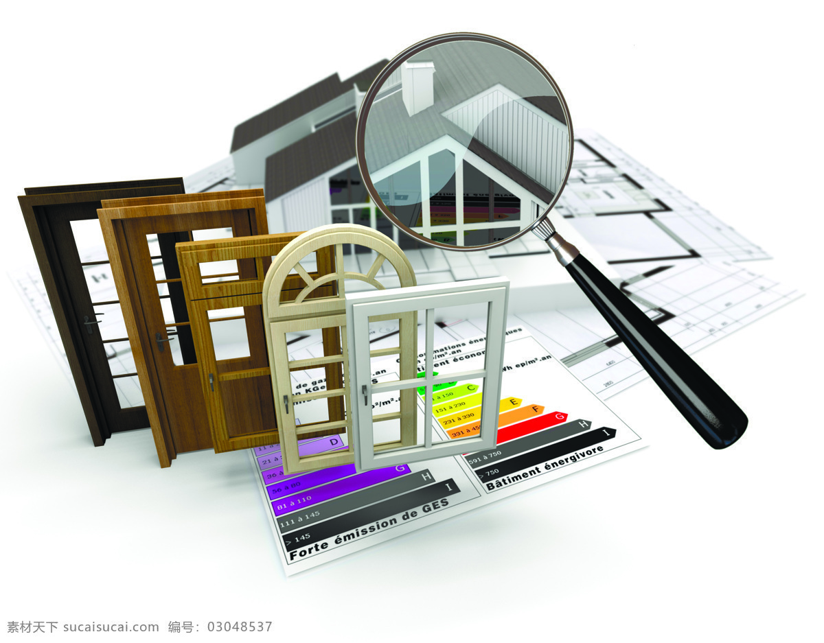 门窗 模型 放大镜 内 房子 一角 门窗模型 房子模型 3d模型 设计图纸 建筑设计 环境家居