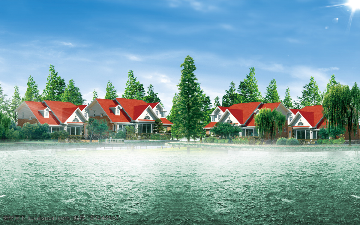 蓝天 下 海边 旅游度假 胜地 白云 房子 红色 建筑 旅游 树木 游泳池 风景 生活 旅游餐饮