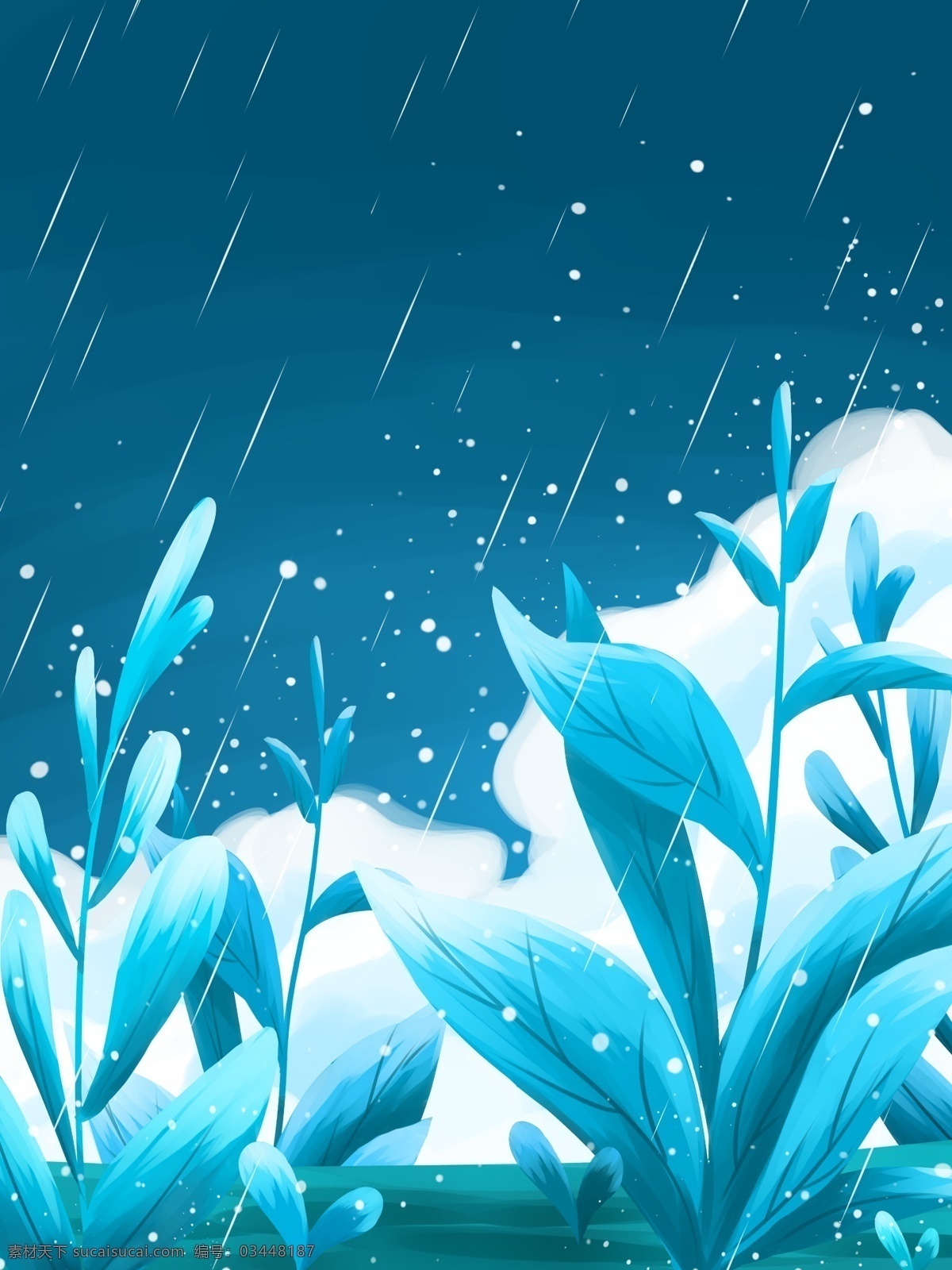 下雨 蓝色 梦境 唯美 植物 插画 背景 植物背景 psd背景 花卉背景 卡通背景 风景插画背景 下雨背景 蓝色背景