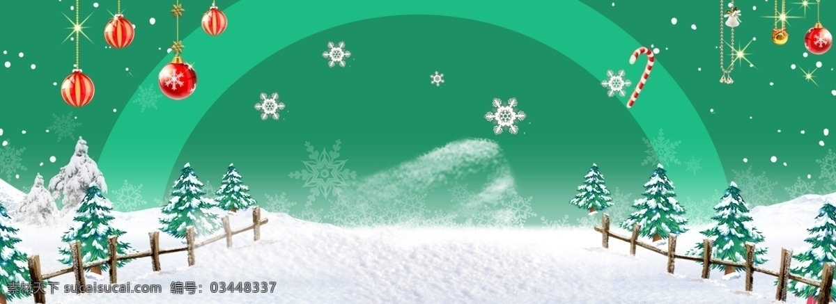 圣诞节 飘 雪花 户外 场景 雪景 banner 圣诞 节日 快乐 雪地 篱笆 栅栏 圣诞树 树 植物 挂饰 拐杖糖 飘雪 绿色 背景