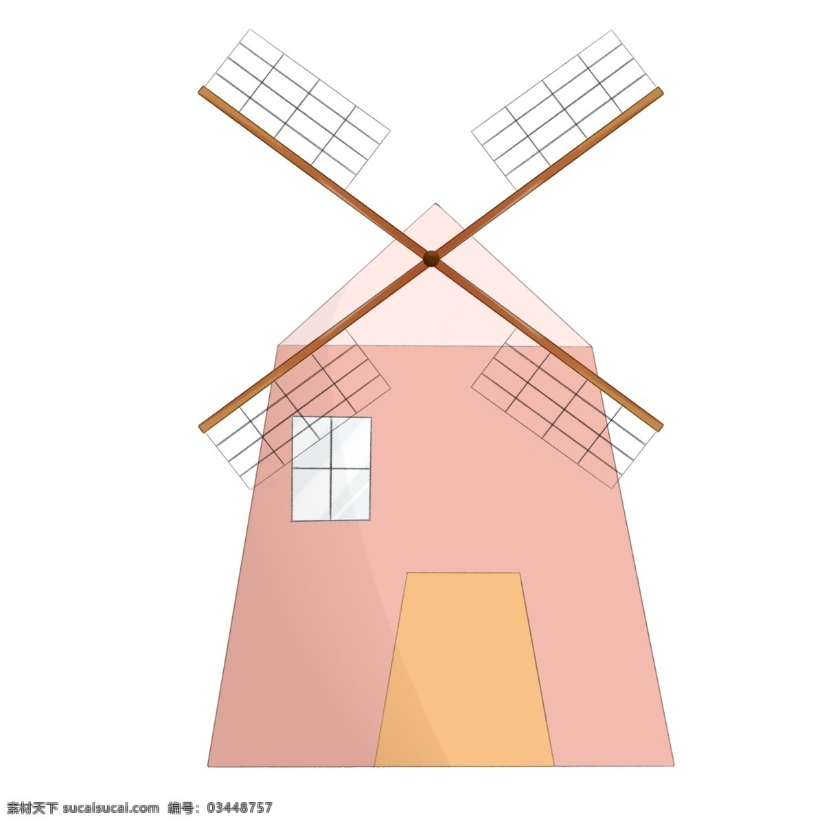 卡通 粉色 风车 插画 粉色的房屋 透明玻璃窗户 卡通风车插画 精美的风车 木质扇叶插画