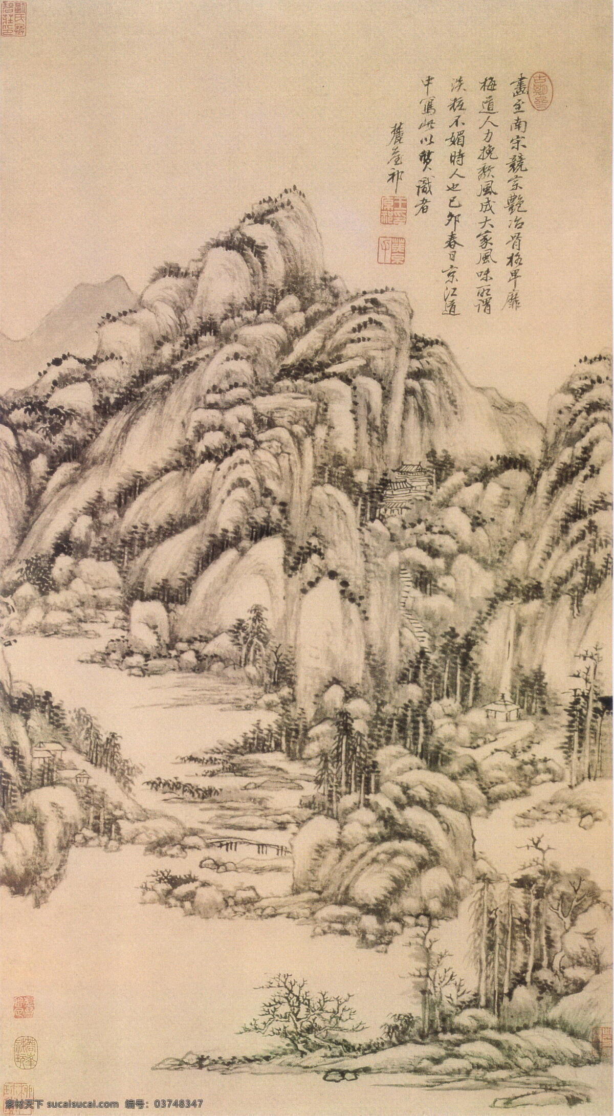 仿吴镇山水图 清 王原祁 古画 古代绘画 国画 中国古画 书画 中国文化 山水画 诗画 中国古代绘画 绘画书法 文化艺术