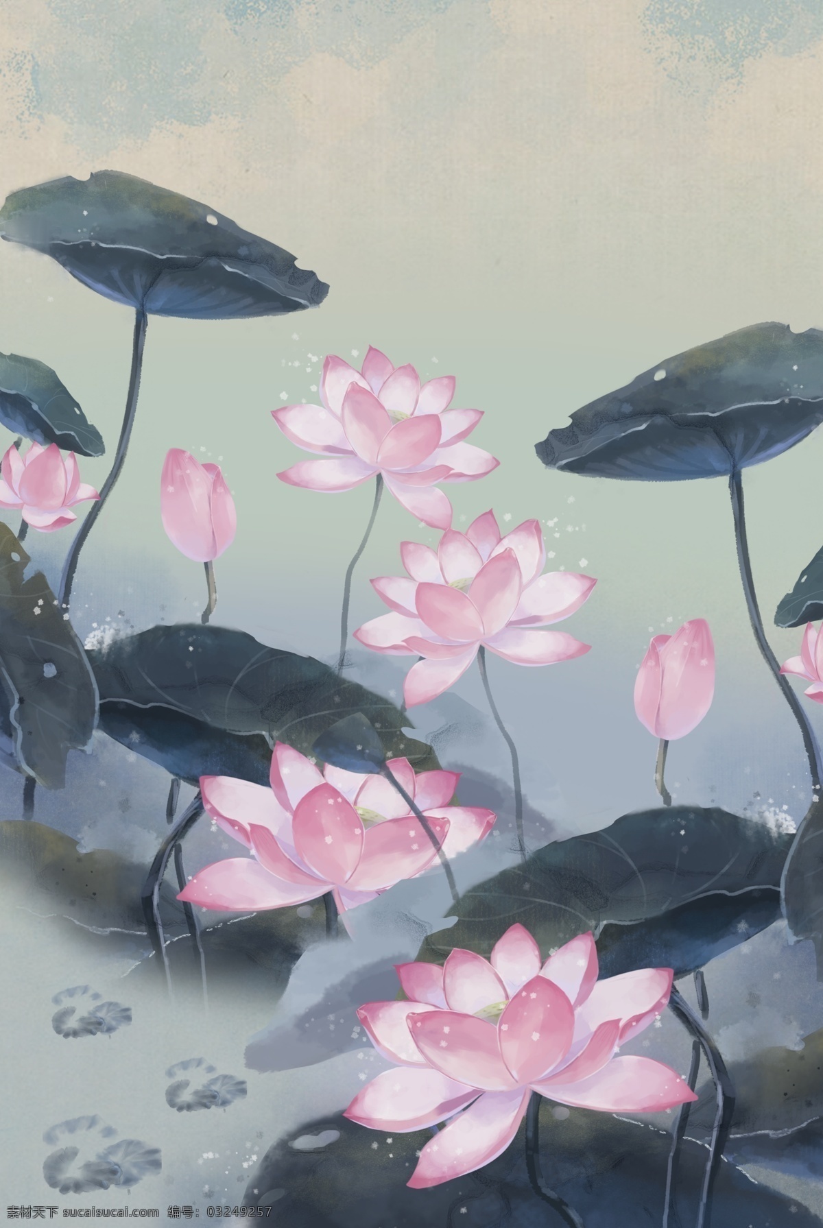 水墨 工笔画 莲花 荷叶 荷花 莲叶 复古 中国风 古典 荷塘