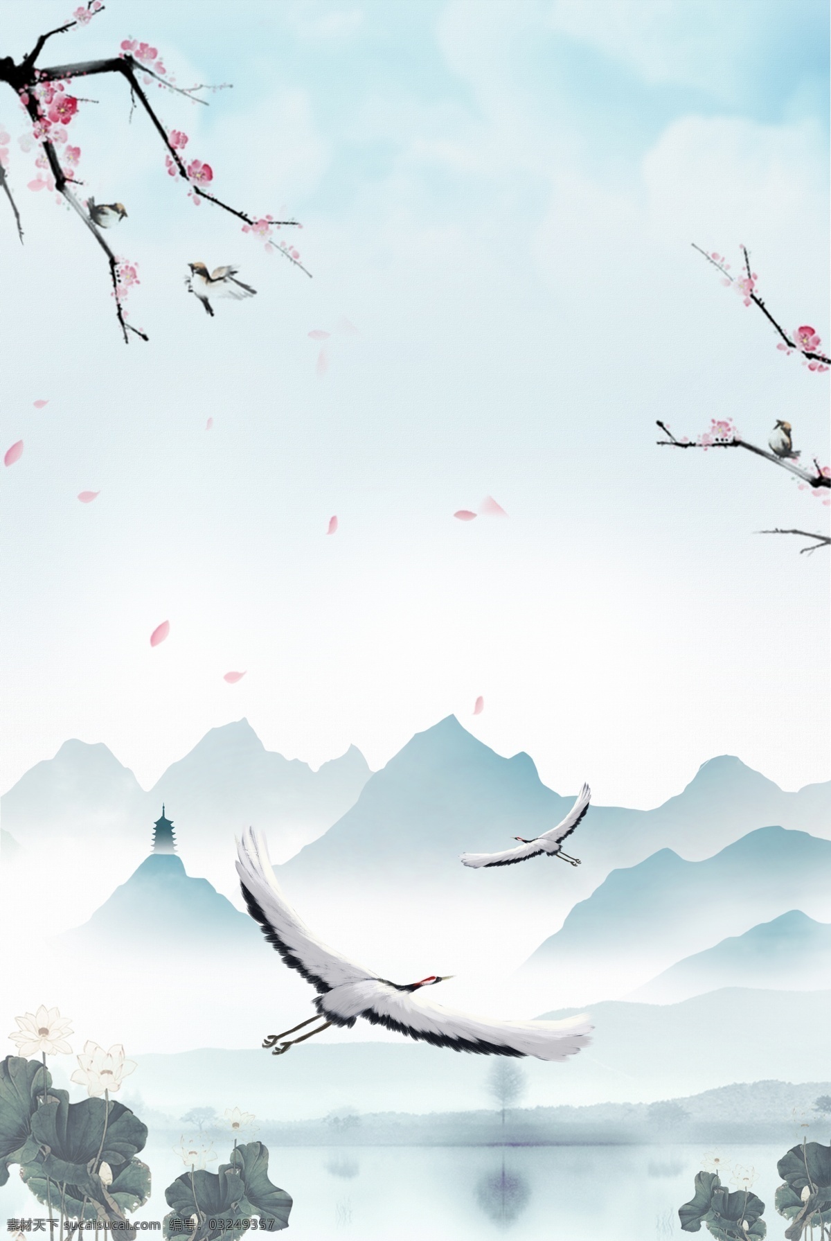 清明节 中国 风 山水 白鹤 海报 清明 传统节日 传统习俗 踏青 扫墓 春天 荷花 中国风 桃花