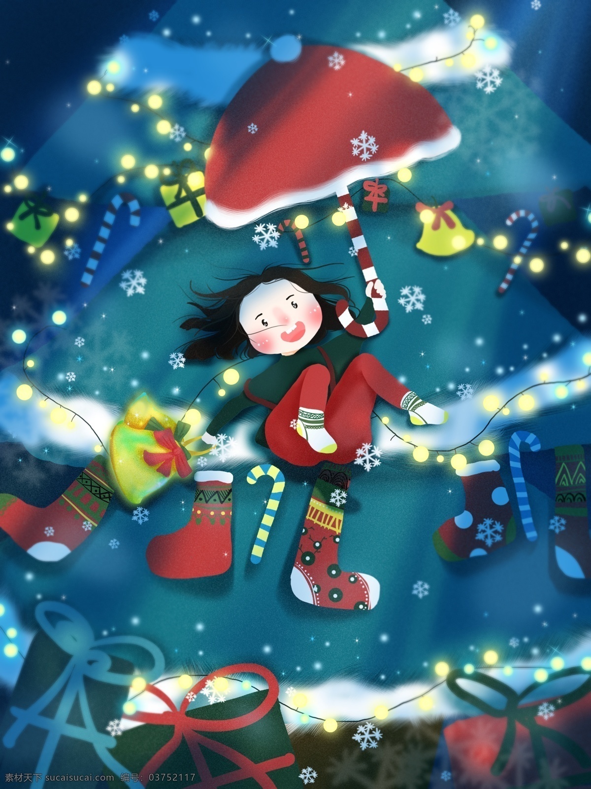 圣诞节 女孩 铃铛 圣诞树 袜子 礼物 欢乐 插画 壁纸 蓝色 光 圣诞 节 配图 桌面 雪花 圣诞帽 灯 夜 红 绿 伞 下雪