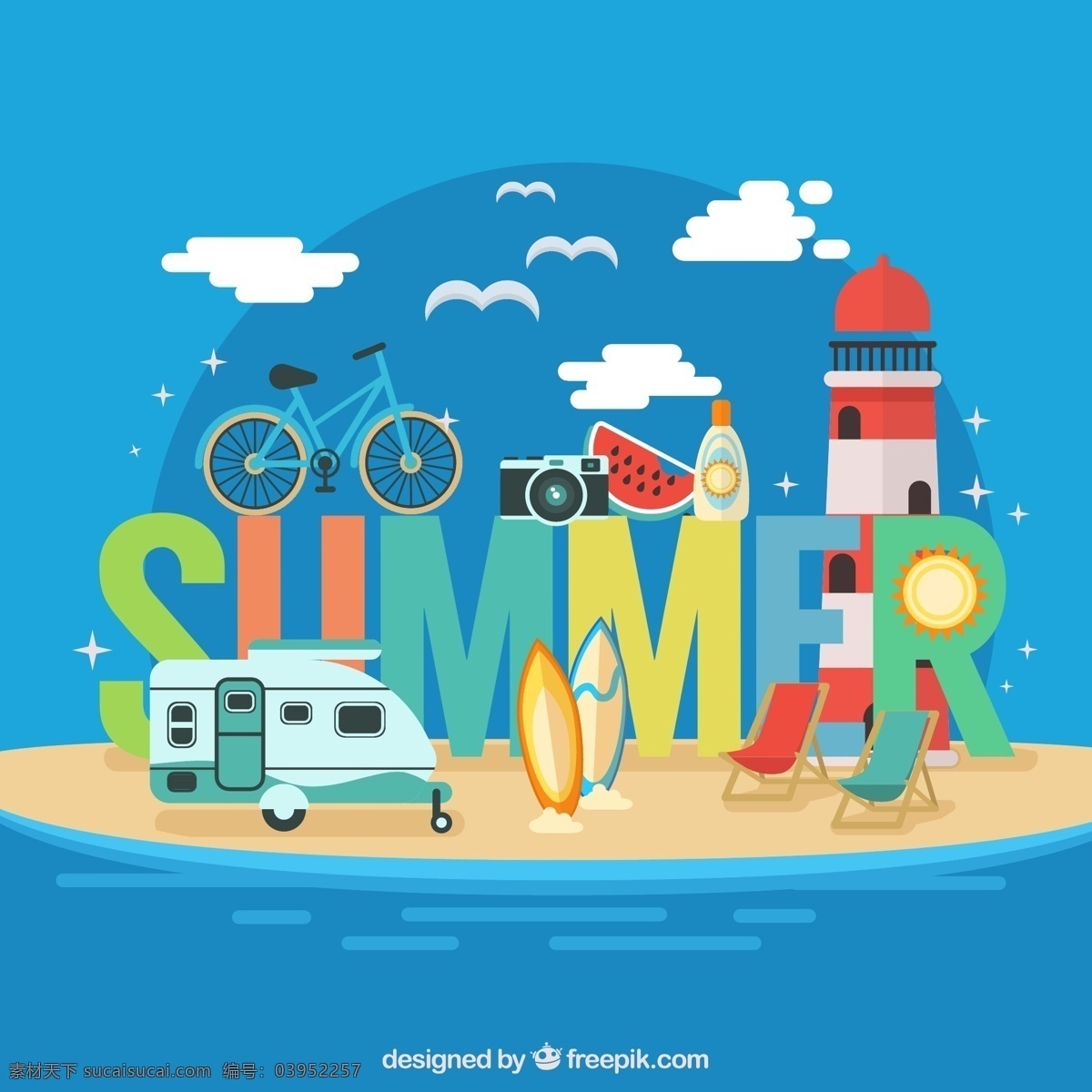 夏季 旅行 插画 矢量 夏天 夏日 车辆 海鸥 单车 云朵 灯塔 西瓜 露营车 冲浪板 躺椅 防晒霜 照相机 大海 度假 假期 假日 summer 自行车 艺术字 字体 背景 海报 画册 休闲娱乐 生活百科 青色 天蓝色