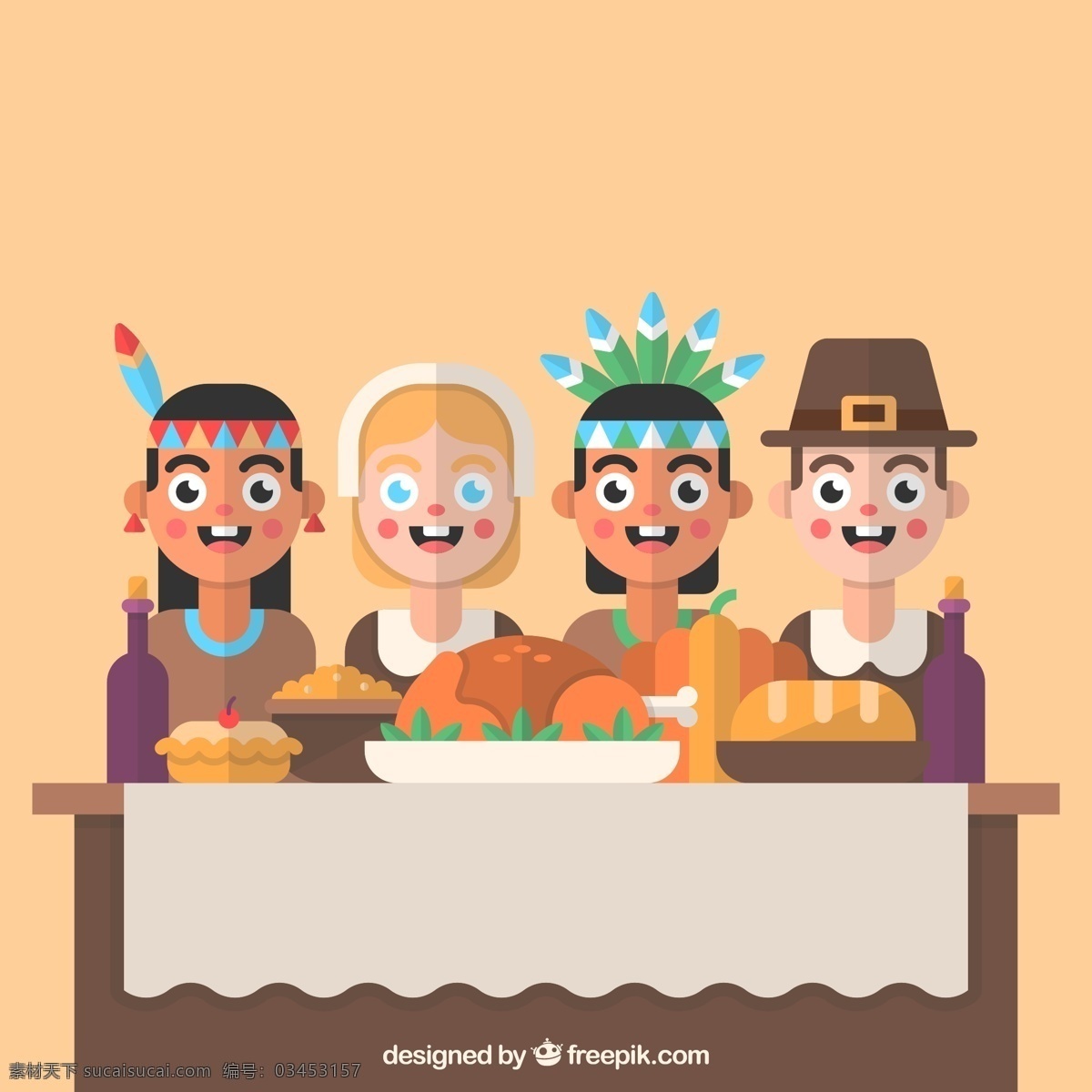 感恩节 卡通 人物 火鸡 印第安人 家人 卡通人物 节日 感恩节晚餐 感恩节食物 美食 烤鸡