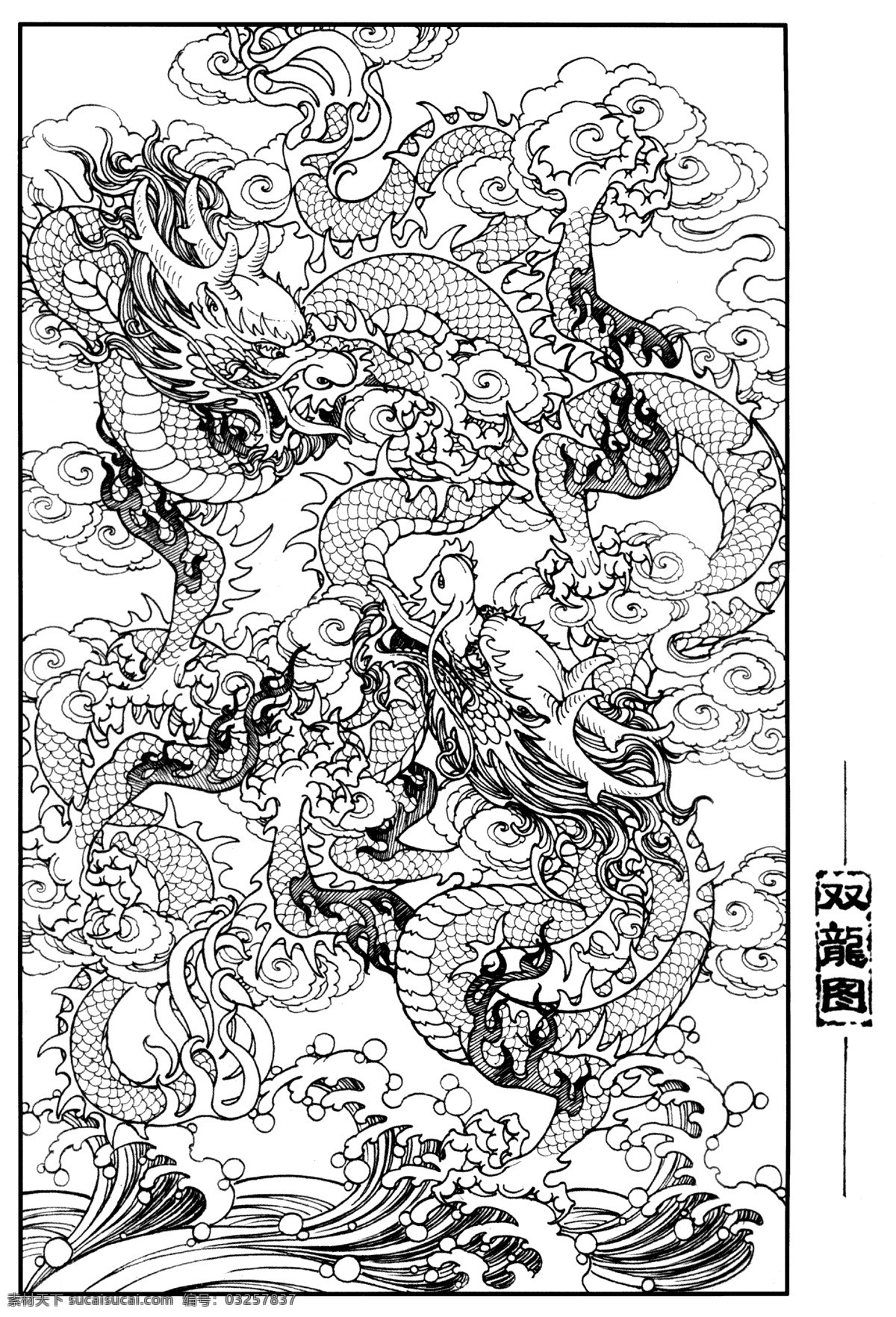 双龙图 线描 工笔画 黑白 白描 线条 龙 双龙 陈金莺 矢量 陈金 莺 工笔 画册 绘画书法 文化艺术