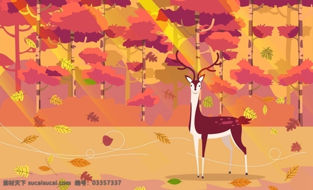秋季 风 中 森林 鹿 树叶 落叶 草地 自然 创意 矢量 高清图片