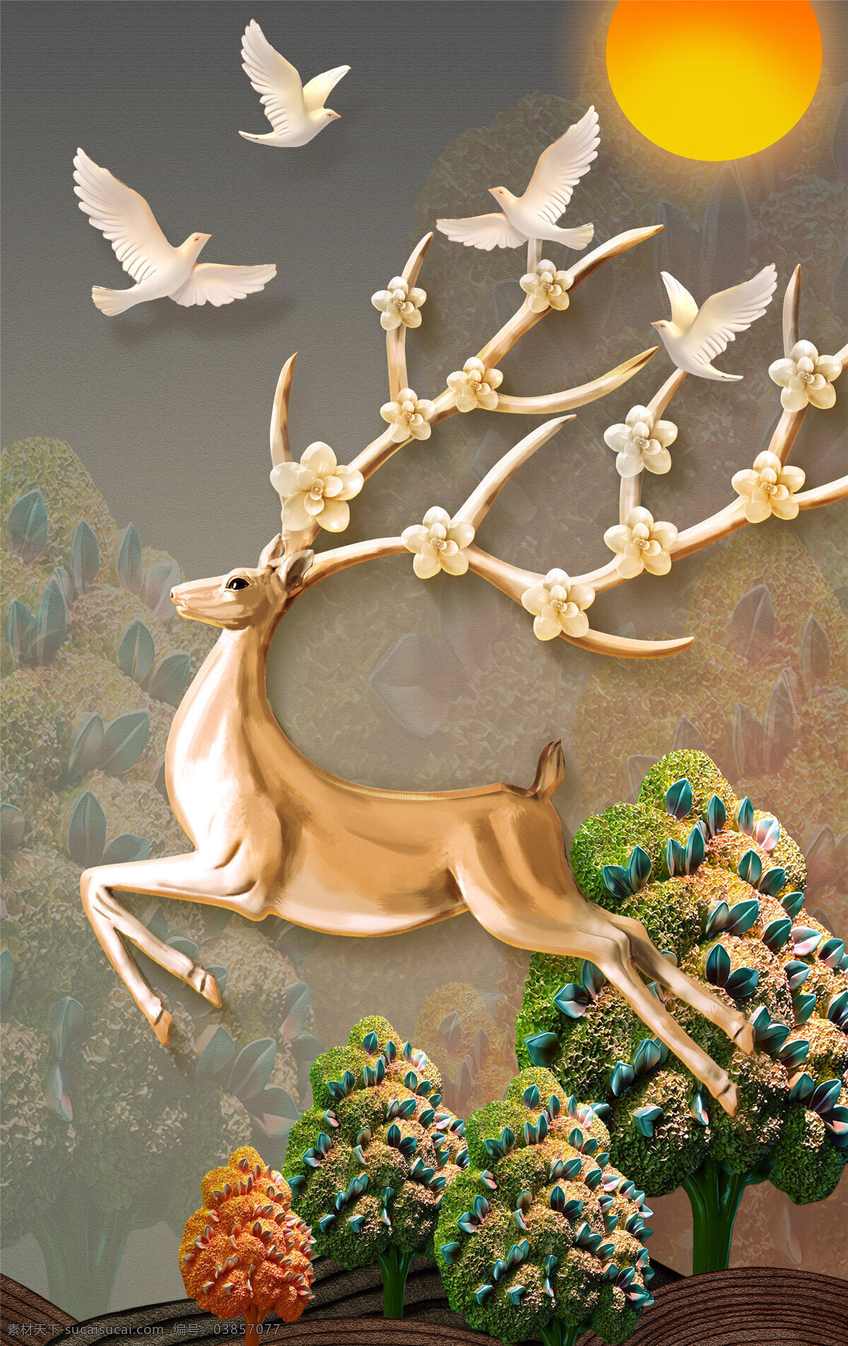 北欧 装饰画 背景 鸟 浮雕 树 麋鹿 太阳