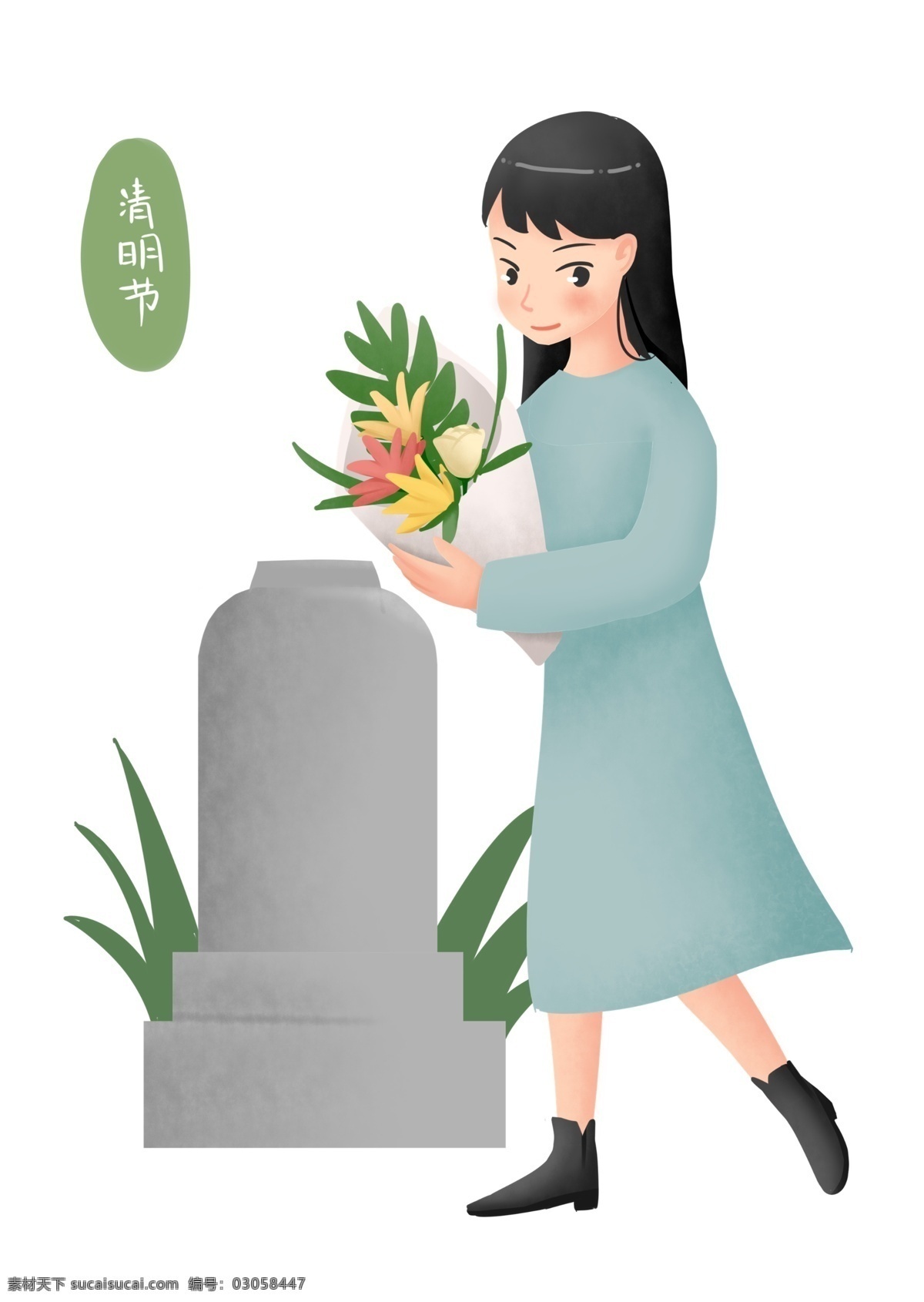 清明节 祭祀 小女孩 人物 插画 祭祀的小女孩 彩色的鲜花 祭奠亲人 灰色的墓碑 绿色的叶子