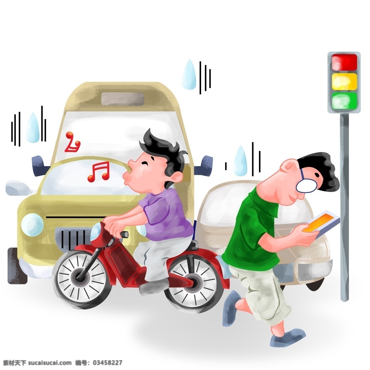 手绘 马路 不 看 红绿灯 插画 过马路 骑 自行车 孩子 看书的路人 违反交通法 手绘插画 卡通插画 遵守 交通 规则