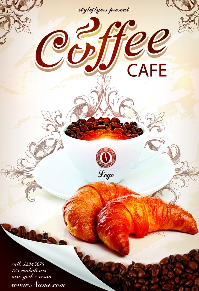 咖啡 主题 海报 咖啡豆 面包 欧式花纹 广告