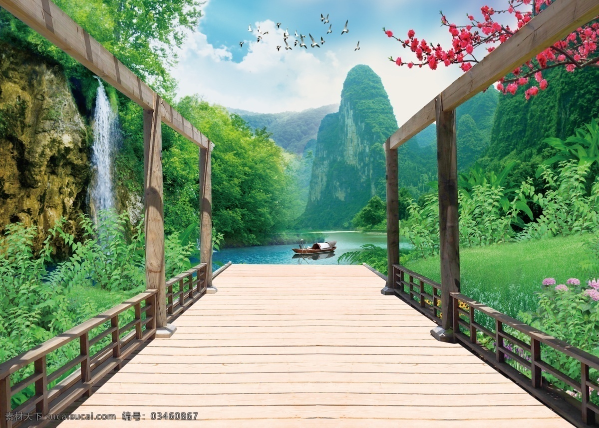 风景图片 风景 3d 山水 桥 树木 河流 梅花 天空 分层