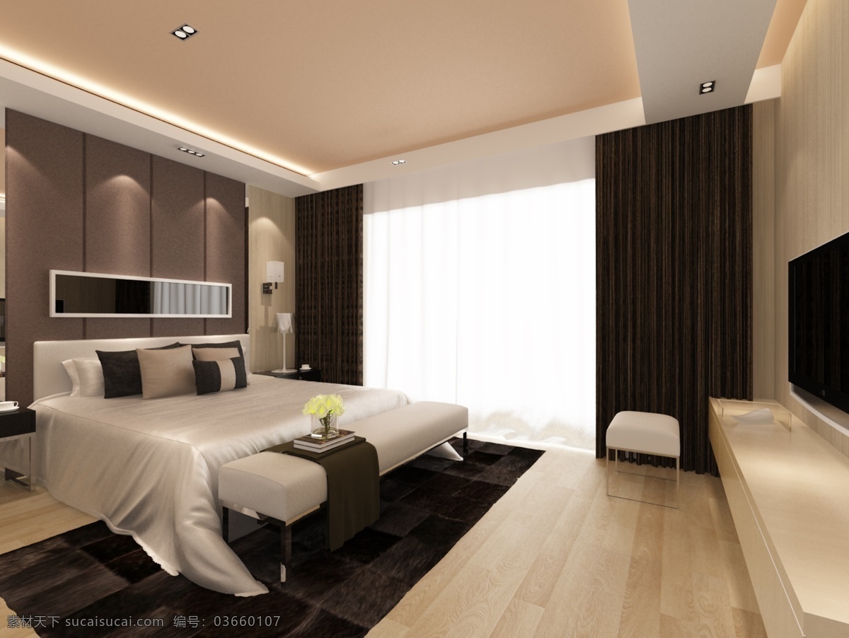现代卧室 室内 卧室 房间 现代 床 窗帘 室内设计 环境设计