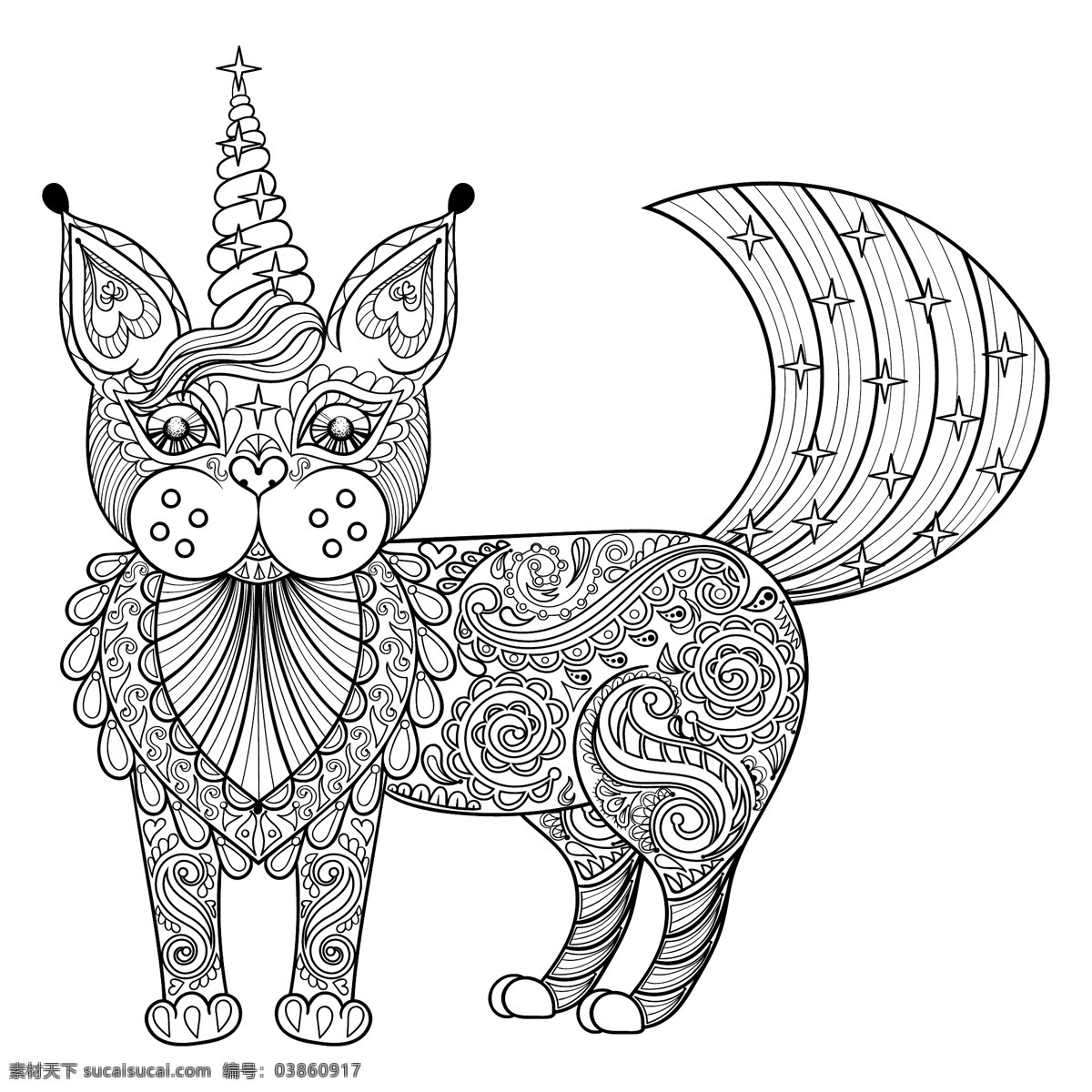 手绘 艺术 花纹 猫咪 插画 动物 卡通 创意