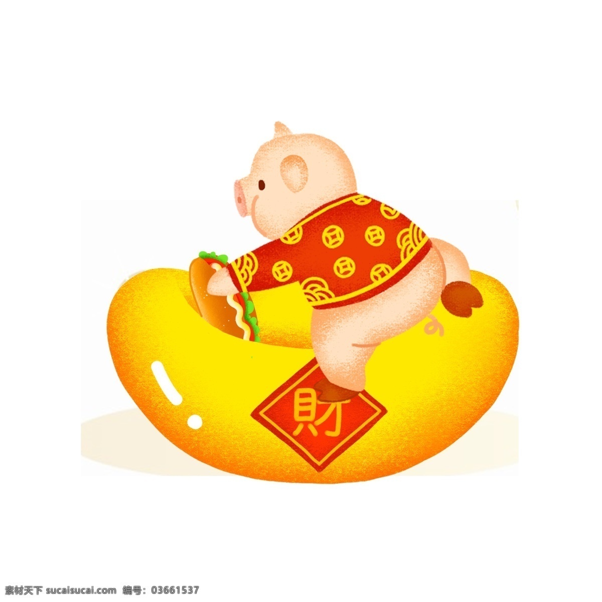 手绘 卡通 新年 猪 形象 精品 元素 二 花纹 古典 红色 金色 插画 可商用 小猪 节日 喜庆 元宝 发财 富贵 热狗 食物 唐装 可爱 萌 庆祝 猪年 吉祥 插图 配图 免扣 海报 攀爬 恭喜发财 胖嘟嘟 中国风