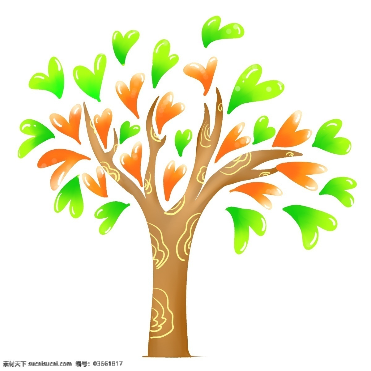 心形 立体 创意 树 插图 黄色树枝 绿色心形 橙色心形 心形创意树 有爱的创意树 精美的创意树 创意树装饰