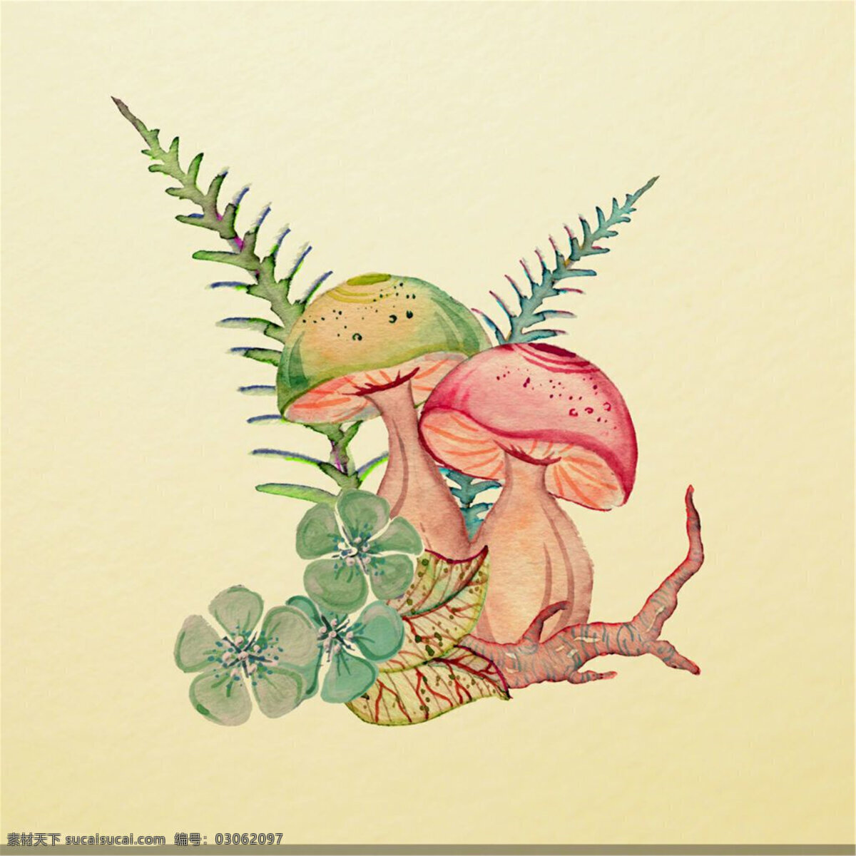 水彩 小草 蘑菇 插画 图 画 小清新 矢量素材 卡通 卡通植物 矢量 卡通插画 花朵 水彩插画 红菇
