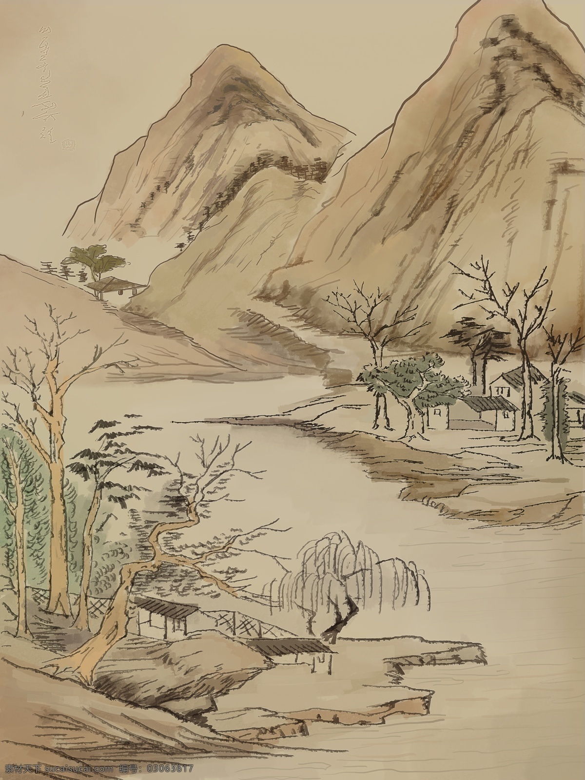 中国 风 山水画 背景 古风背景 复古 村庄 广告背景 彩绘背景 手绘背景 psd背景 特邀背景 促销背景 水墨背景